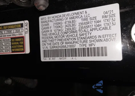 2021 Honda Cr-V Awd Lx from USA, damaged, VIN 5J6RW2H26ML018007